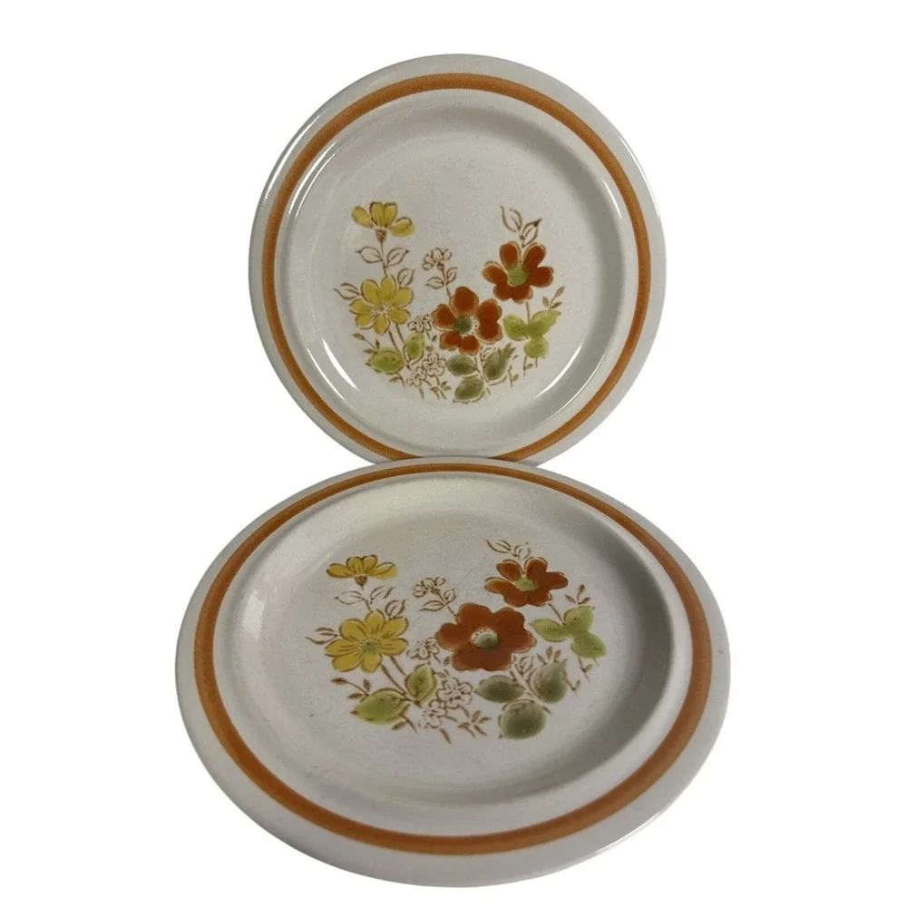 Vintage Floral Stoneware Bread Butter Plates Set 4 Brown Rim‎ 6.5 Inch Japan MCM